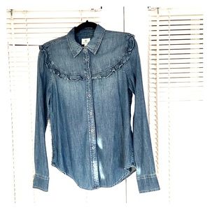 Denim button down chambray shirt with ruffle